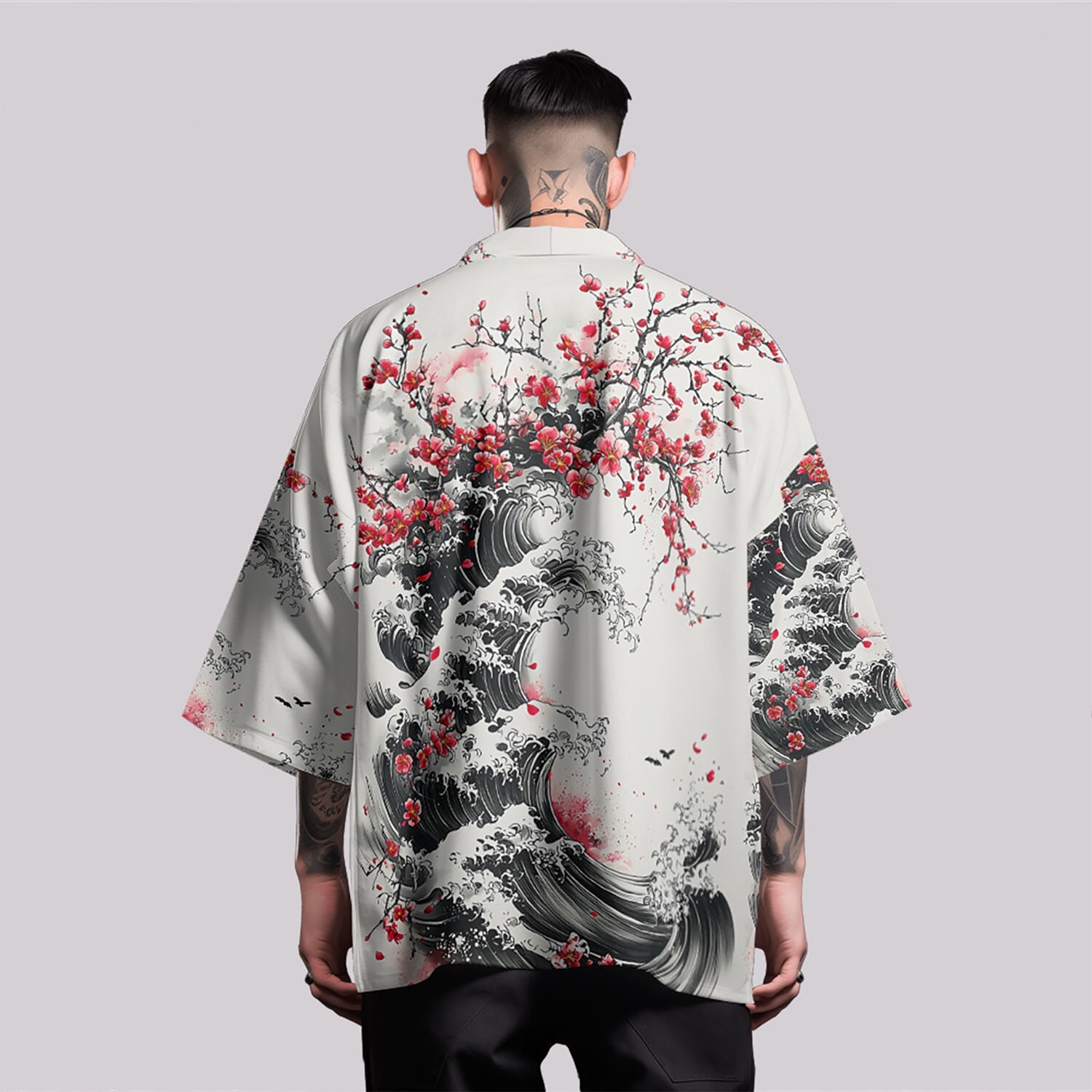 Niepce Men’s Japanese Graphic Lightweight Blossom Waves Kimono Cardigan Shirt