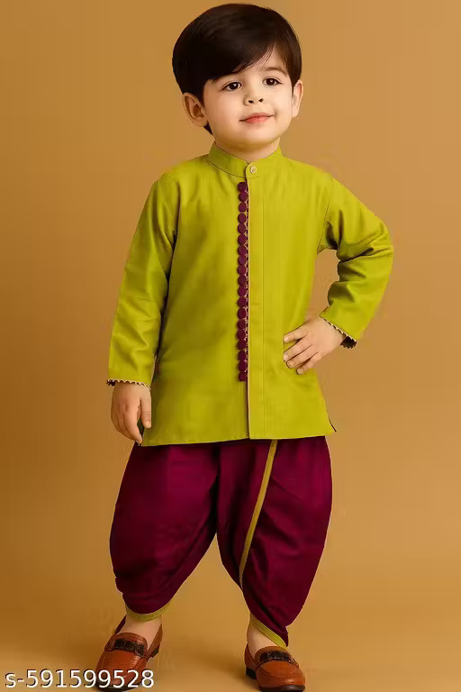 Trendy Silk Blend Kurta Dhoti Set boys_Boys Kurta Set_Green_Festive Kurta Dhoti
