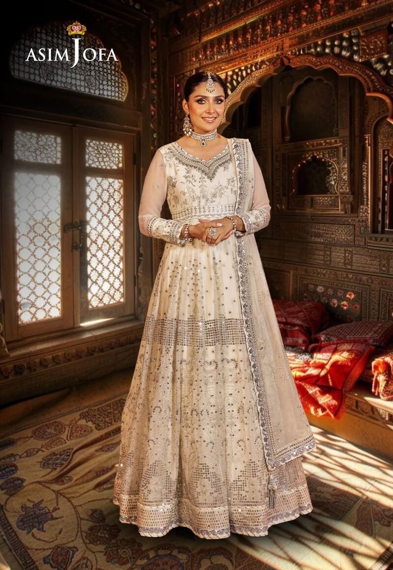 Pakistani Egg Shell White Long Maxi Style Embroidered Sequins Chiffon Dress,XL#1