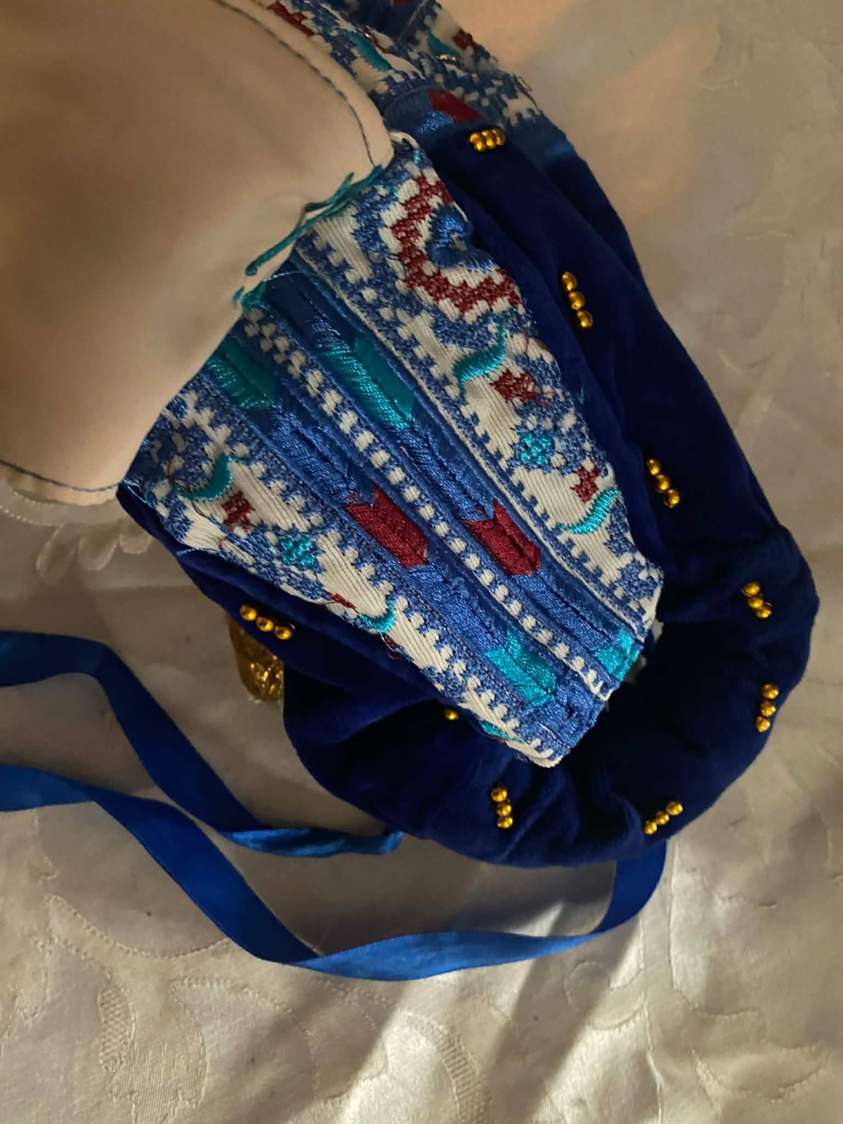Traditional Embroidered Palestinian Headpiece Blue Pattern Double Russian Coins