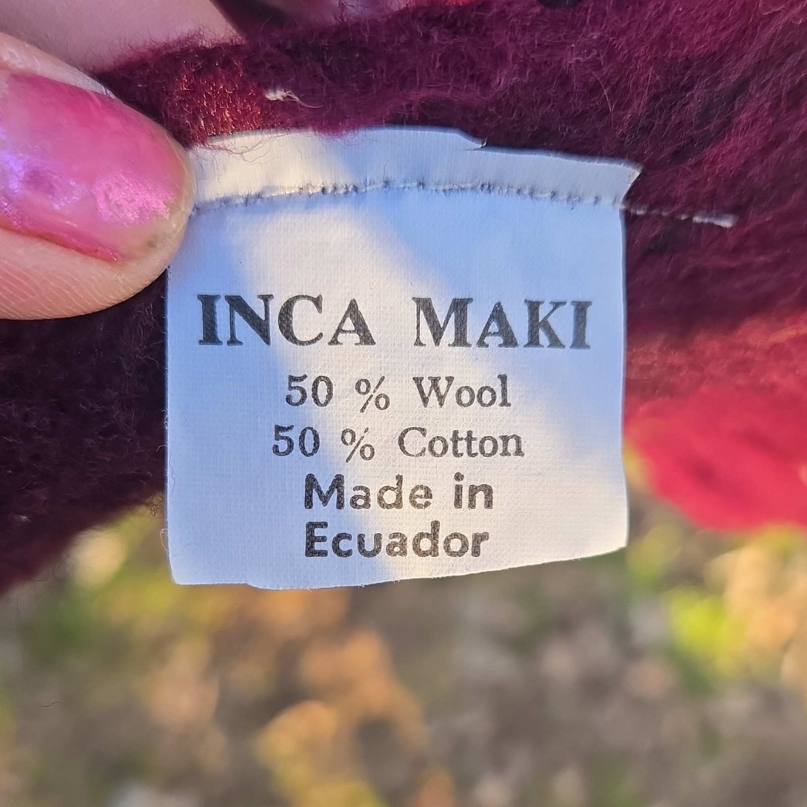 INCA MAKI Wool Cotton Burgundy Poncho Ecuadorian Alpaca Motif One Size