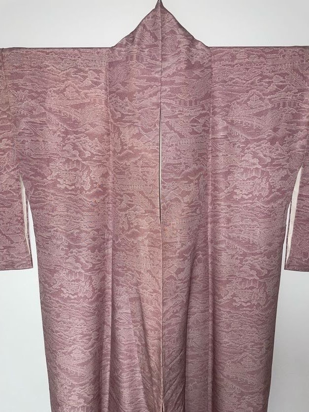Japanese Kimono Edo Komon Pure Silk Pink Landscape Scenic Vintage Excellent XS