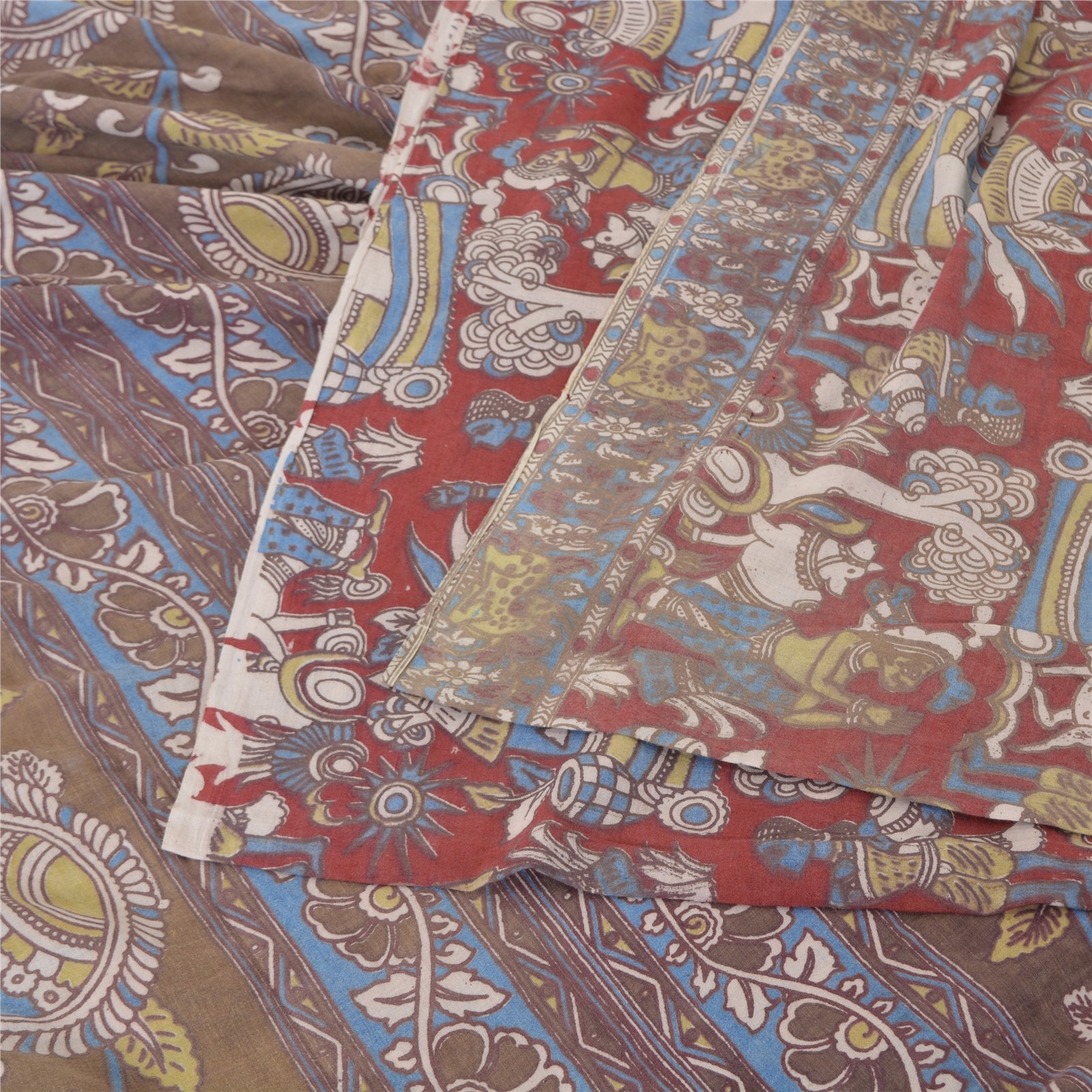 Sanskriti Vintage Gray/Red Pure Cotton Sarees Kalamkari Printed Sari 5+Yd Fabric