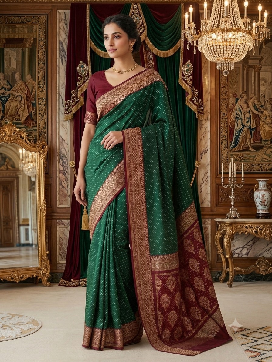 Women Pure Silk Bottle Green & Wine Banarasi Saree with Zari Butis & Blouse