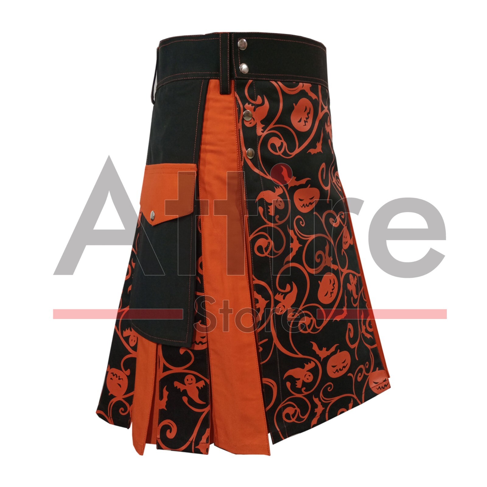 Scottish Handmade Halloween Black And Orange Hybrid Utility Kilt- Halloween Kilt