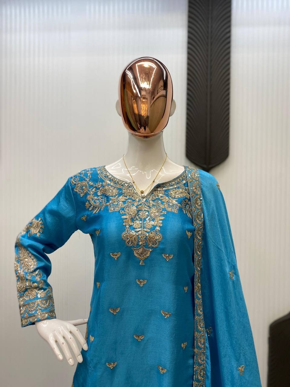 Beautiful Chinon Silk Sky Blue Top Palazzo With Dupatta For Party Wear