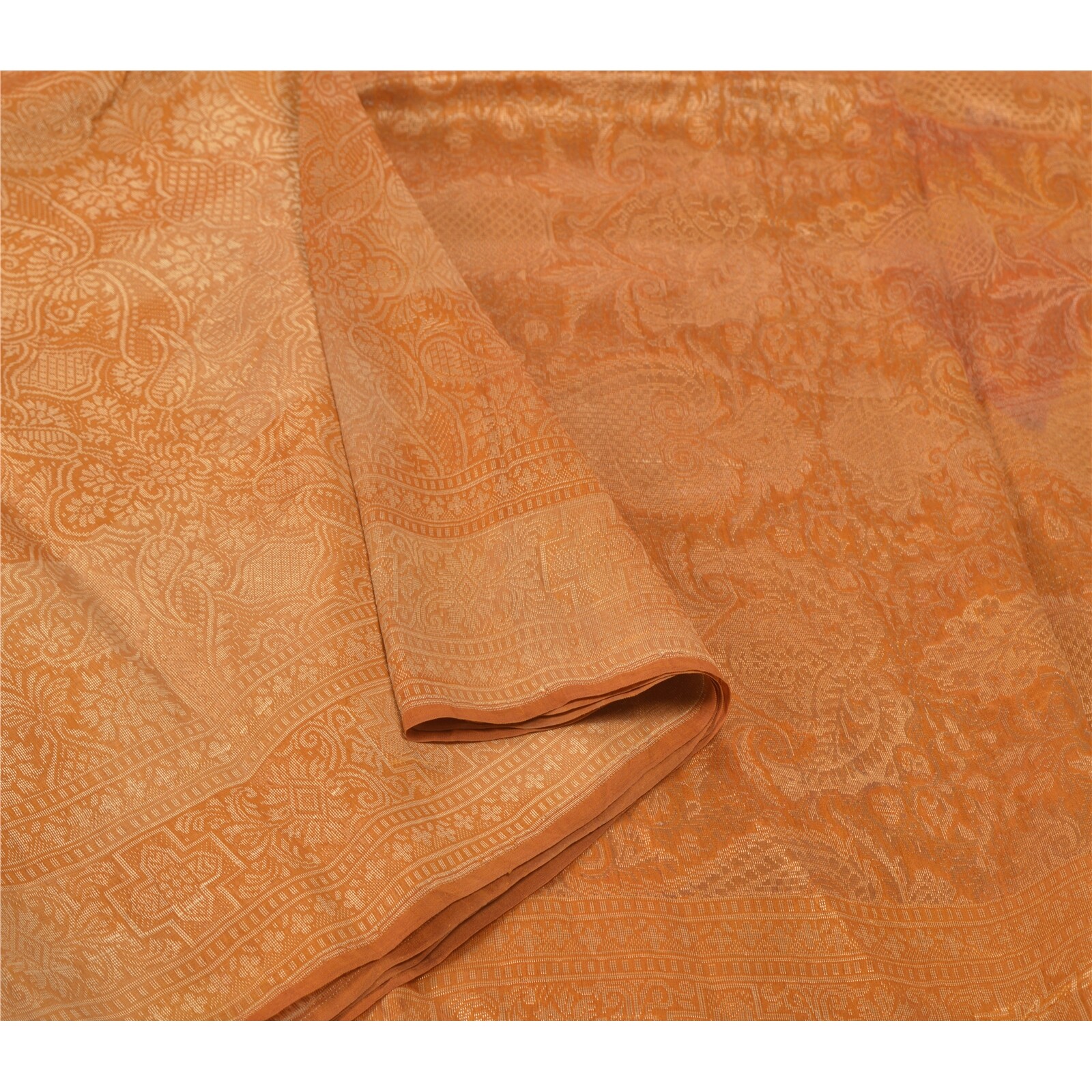 Sanskriti Vintage Saffron Sari Blend Silk Woven Sarees Craft 5 Yd Premium Fabric