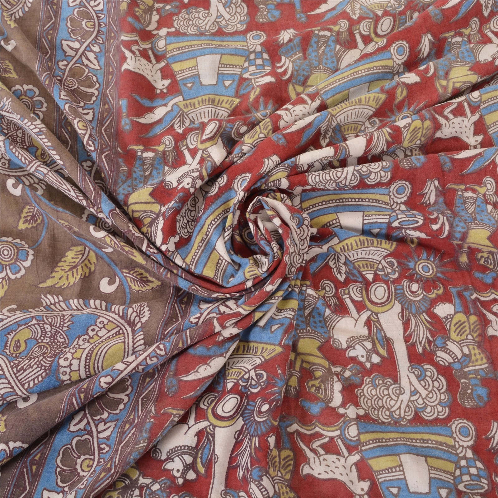 Sanskriti Vintage Gray/Red Pure Cotton Sarees Kalamkari Printed Sari 5+Yd Fabric