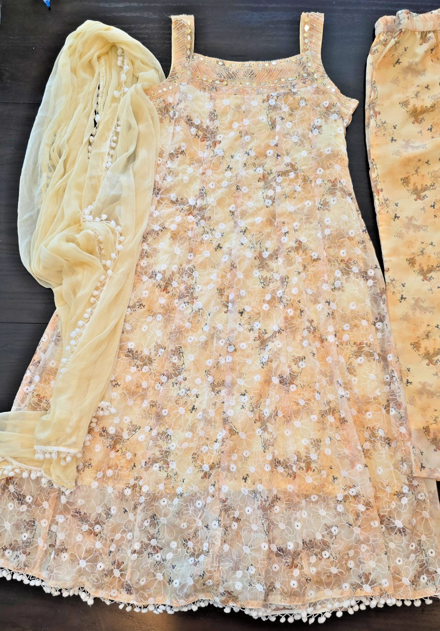 BNWT Chiffon Silk Anarkali Pant Suit 3pc Pastel Yellow Haldi Medium Size Dress