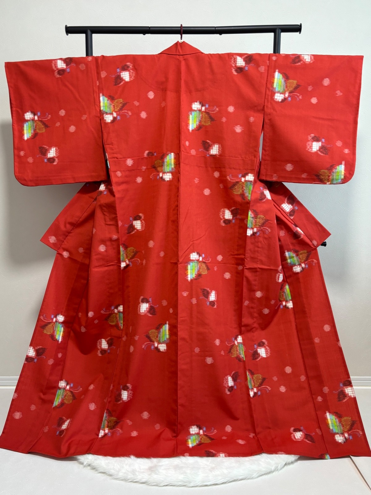 Vintage Japanese Komon Kimono Red Kasuri Style Pattern Retro Silk From Japan
