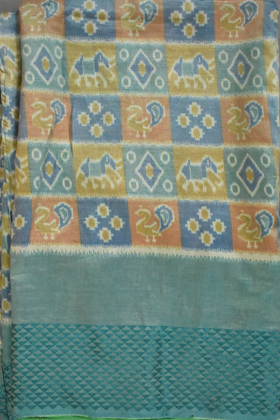 FNC Vintage Green Sambalpuri Ikat Sarees Handwoven Art Silk Sari Fabric Antique