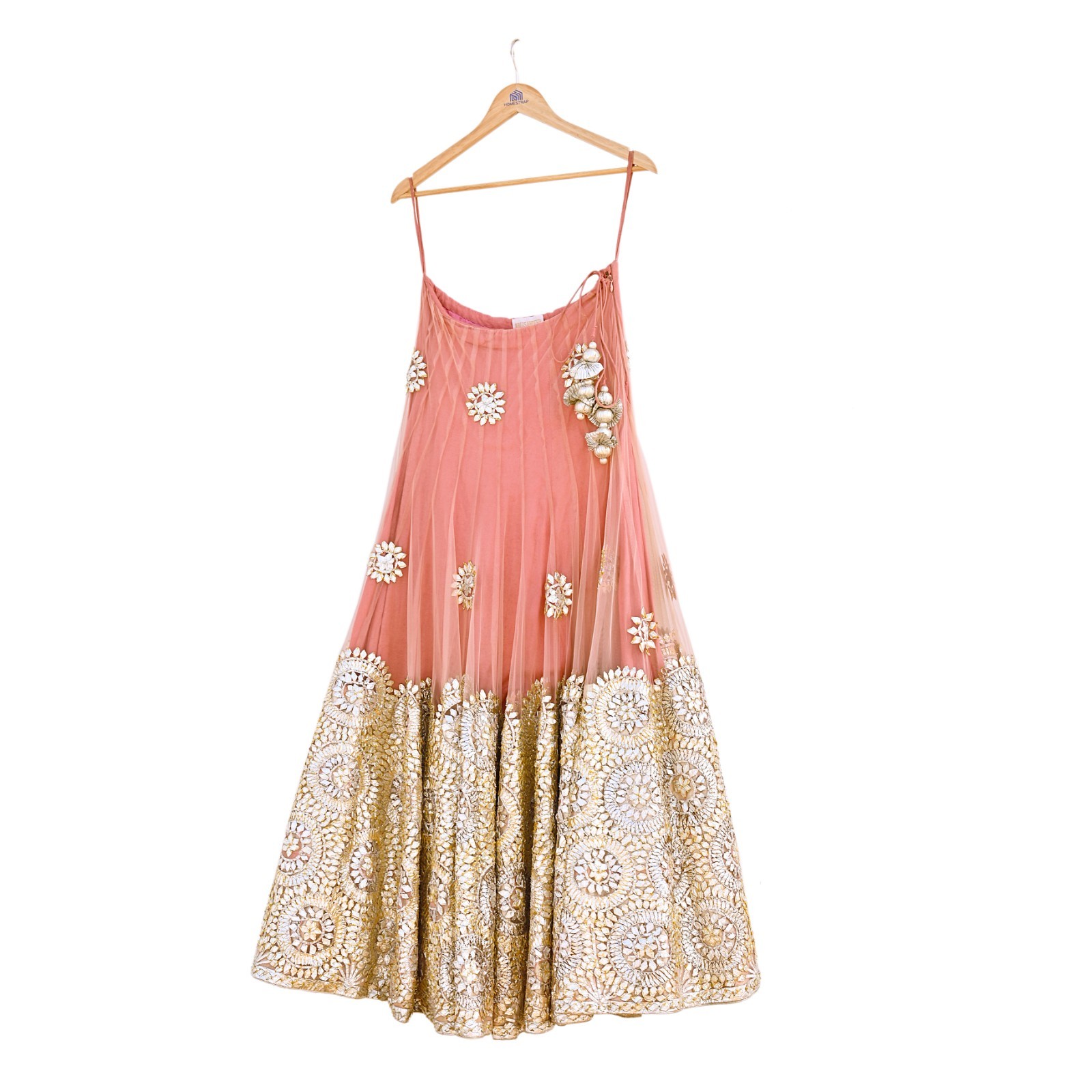 Pre-Owned Designer Abu Jani Hand Embroidered Peach Net Lehenga Skirt gota patti