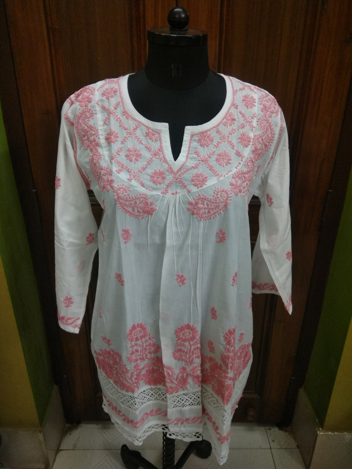 PLEASANT 100% COTTON L 42″ ETHNIC HANDMADE TOP KURTA KURTI CHIKAN EMBROIDERY