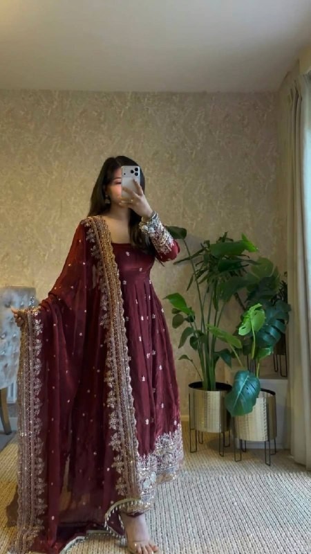 New Launching Maroon Satin Silk Gown Bottom With Dupatta For Traditional Wear