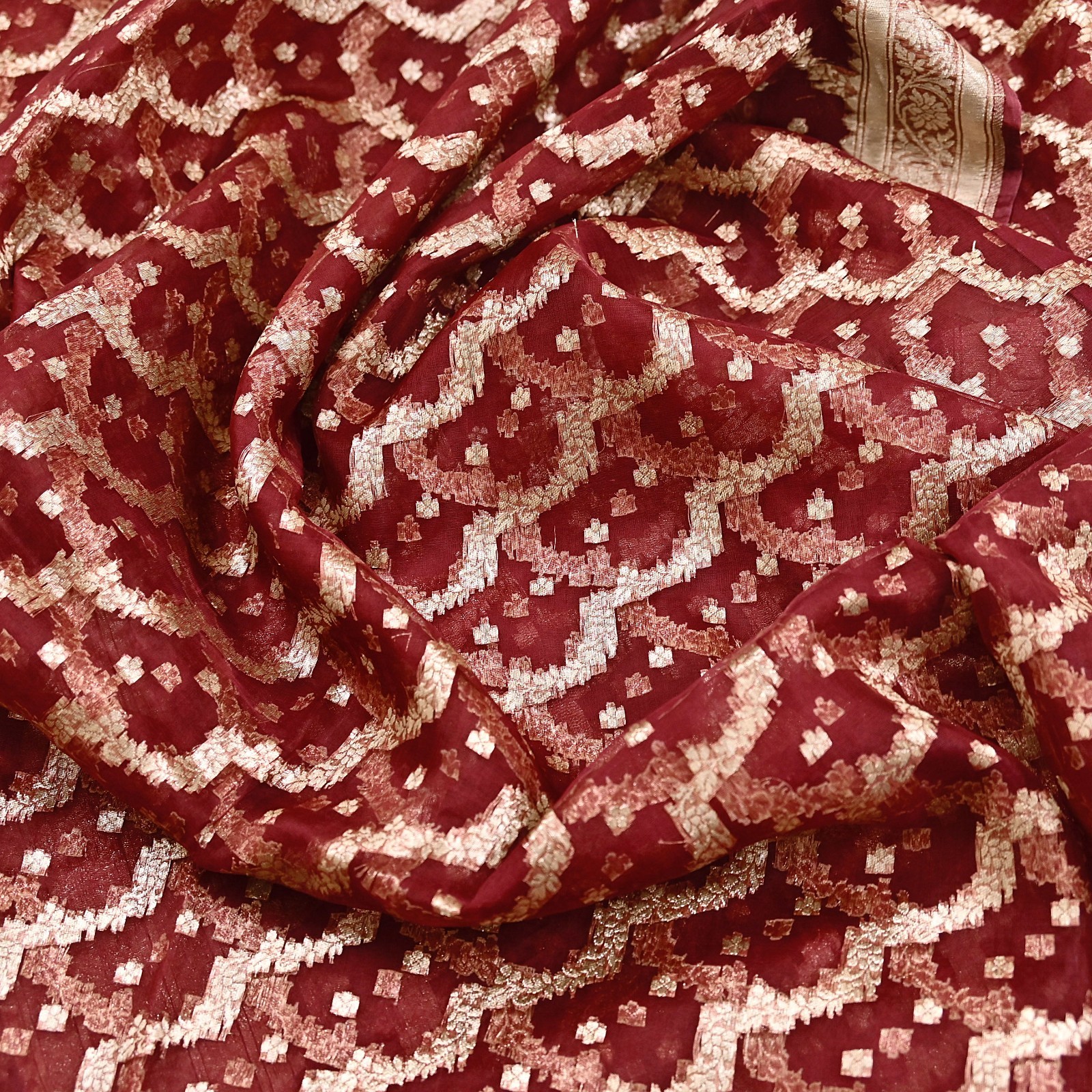 Indian Vintage Sari Heavy Maroon Pure Organza Silk Woven Brocade Banarasi Sarees