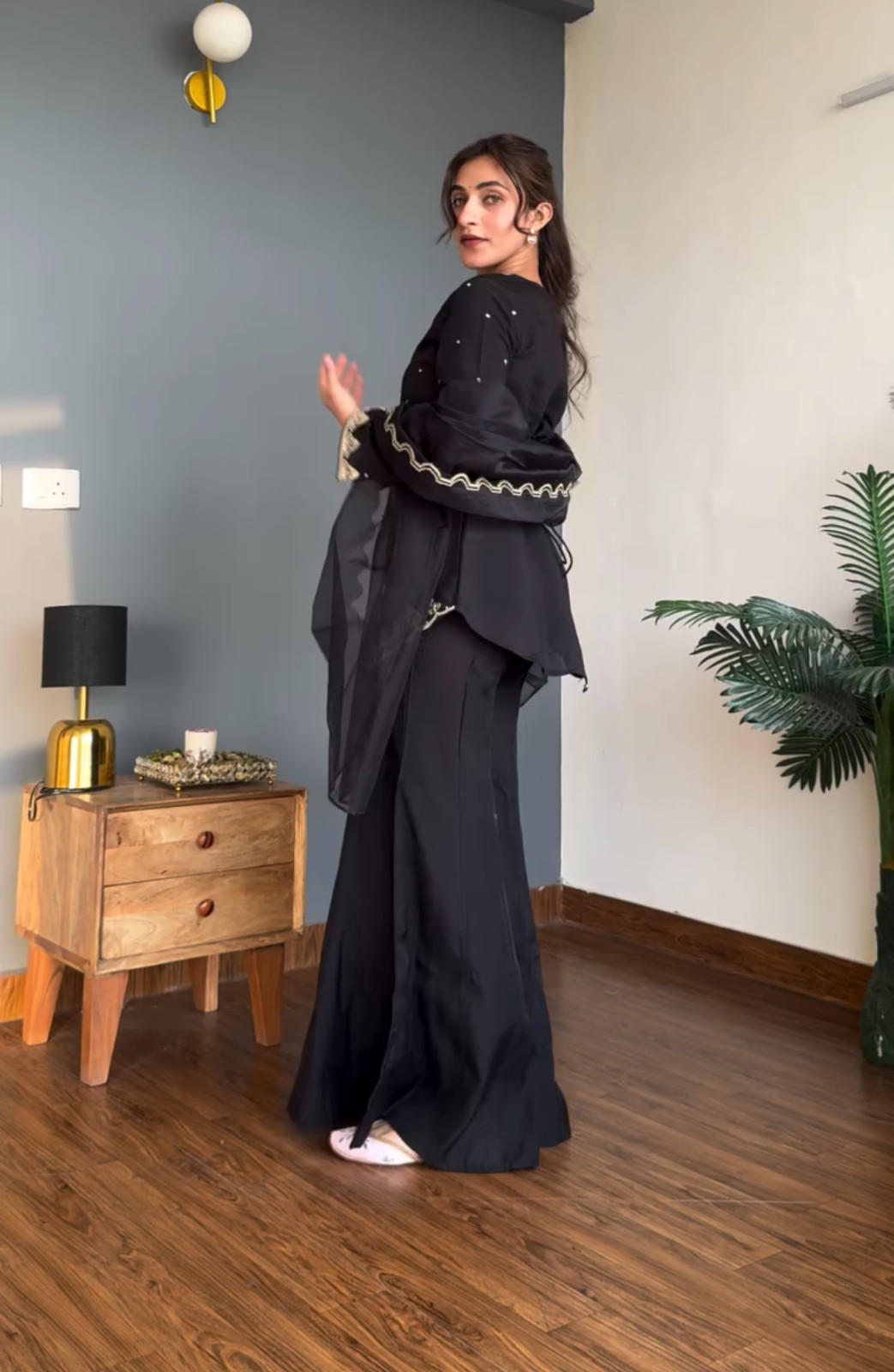 Traditional Look Natural Crepe Silk Black Kurta Palazzo With Dupatta For Wedding