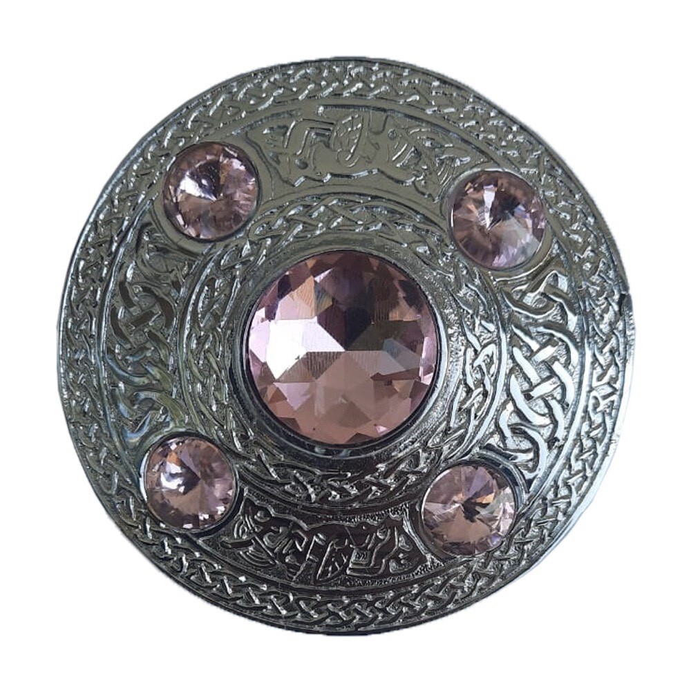 Scottish Kilt Fly Plaid Brooch Metal Chrome Finish 5 Baby Pink Stones