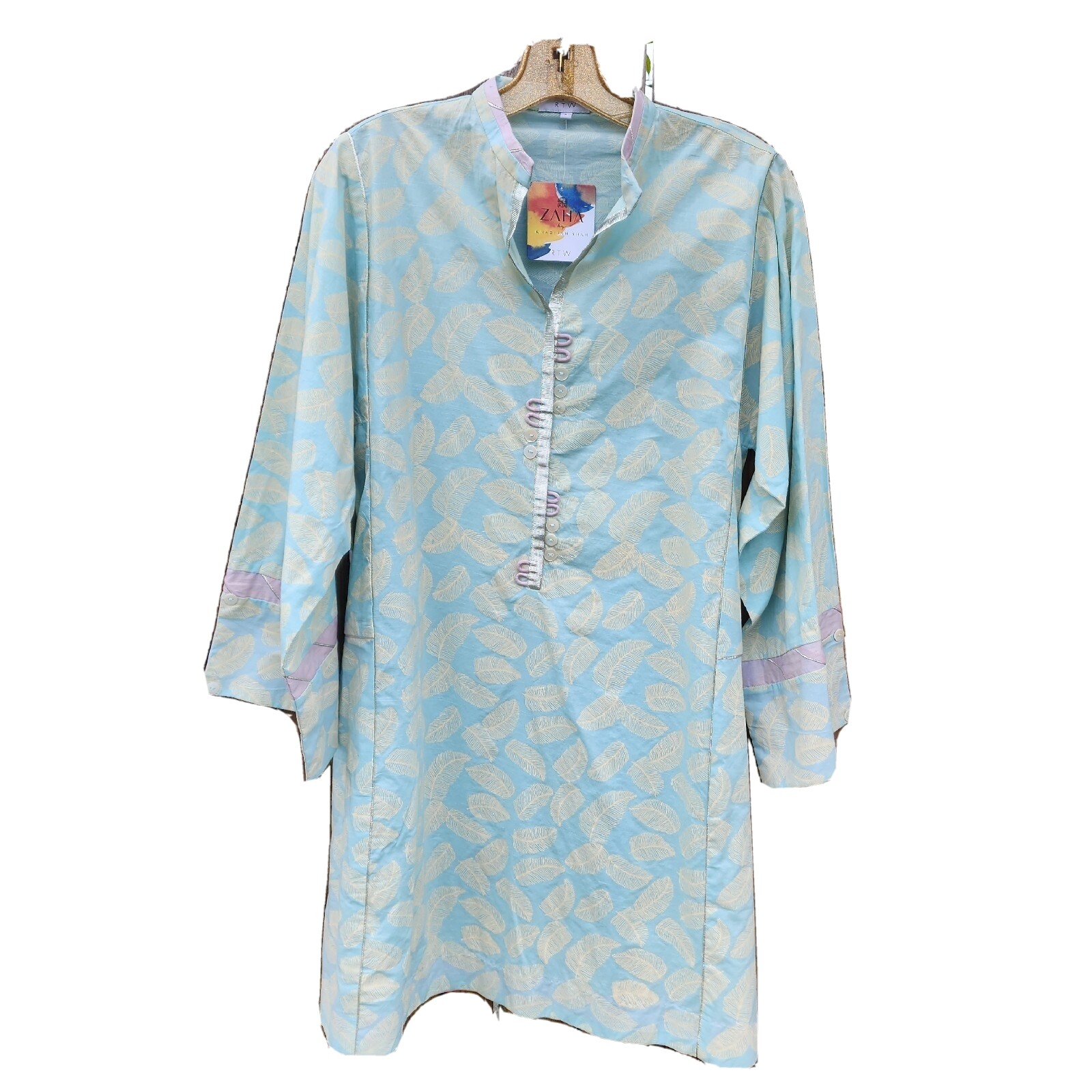 Zaha Khadija Shah Salwar Kameez Tunic Dress Wide Sleeve Mint Blue Feathers Boho