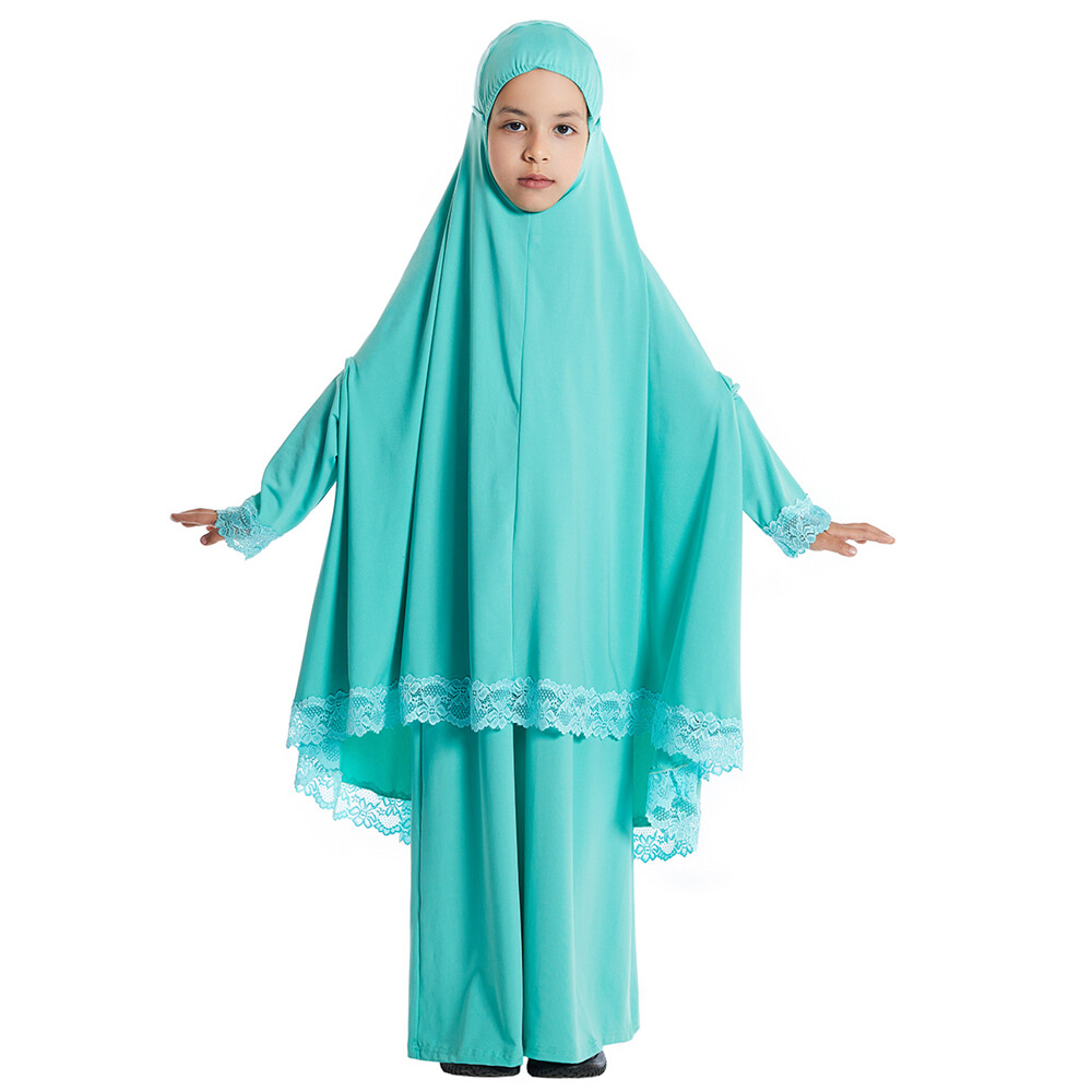Two Piece Girls Kids Overhead Khimar Hijab Skirt Set Muslim Girls Prayer Dress