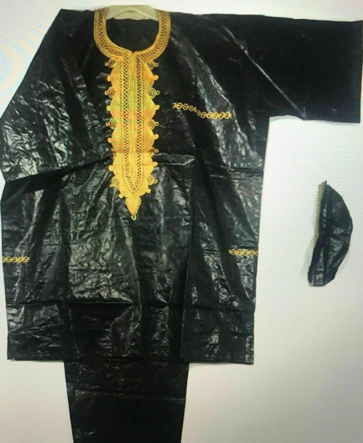 Dashiki Shirt African Mens Ethnic Brocade 3pcs set short sleevs w/Hat Free Size