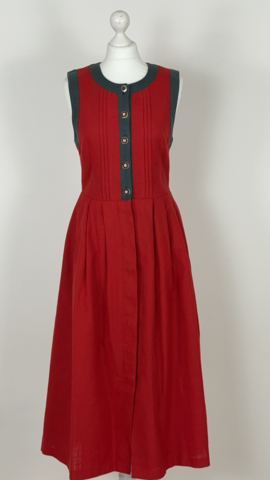 Vintage Linen Blend Dirndl Folk Midi Dress Red Austria Size M