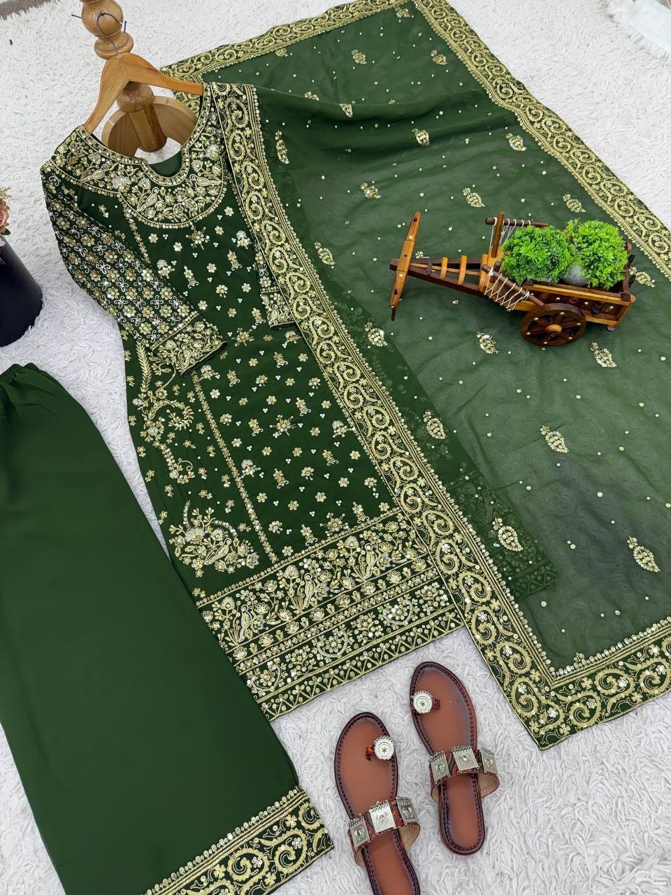 New Designer Green Heavy Viscose Velvet Top Palazzo And Dupatta For Party Wear