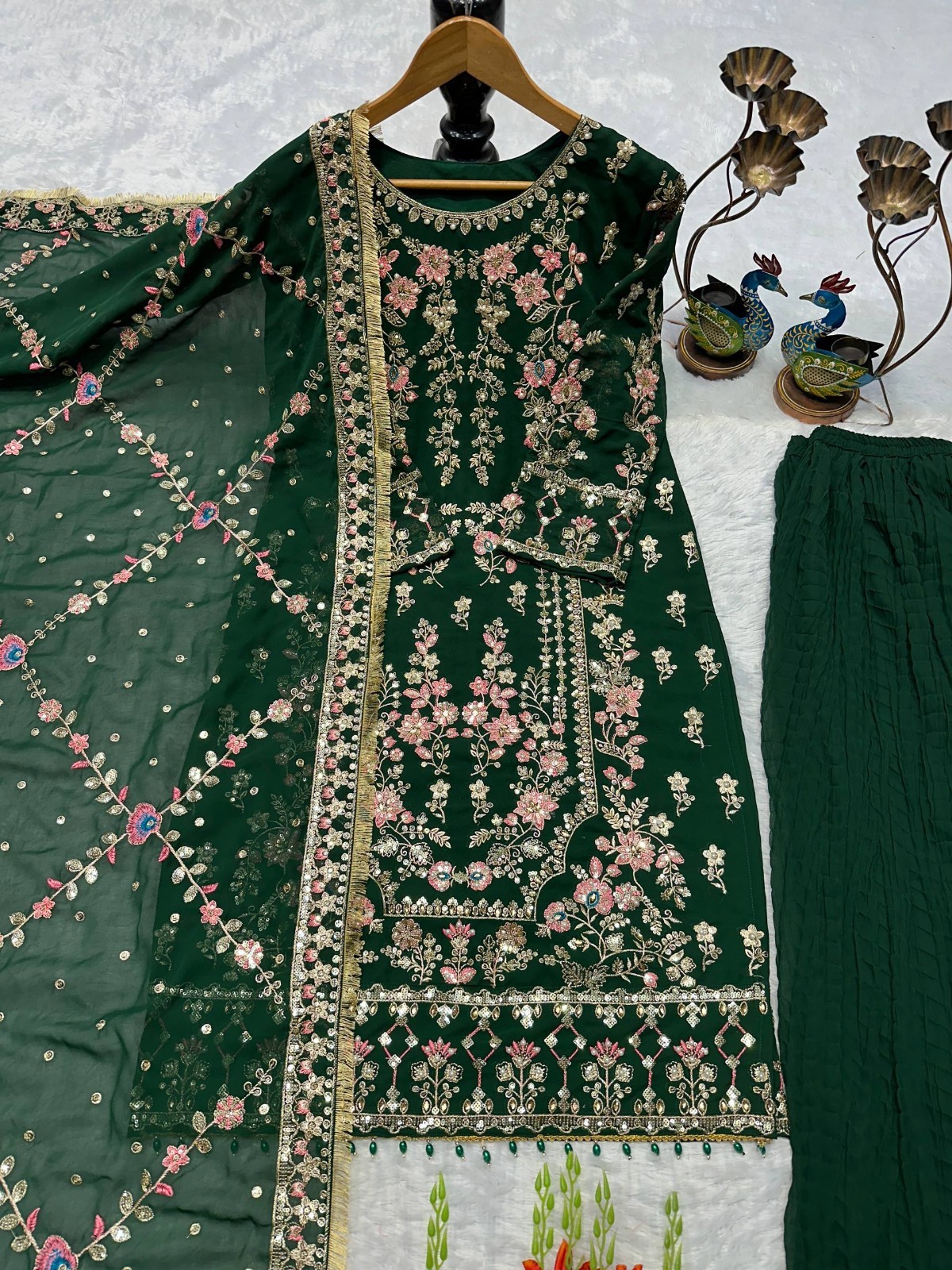 Stylish Heavy Faux Georgette Green Top Palazzo With Dupatta For Festival Wear