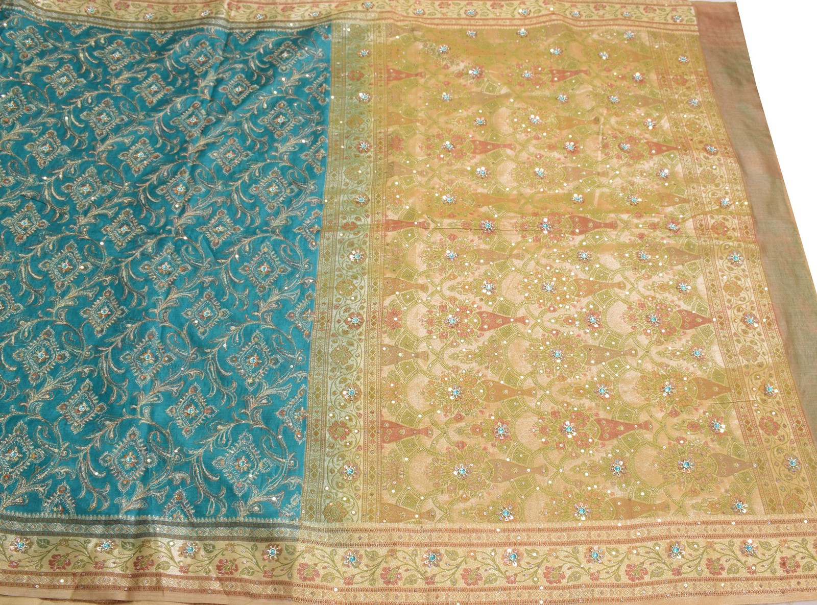 Sushila Vintage Teal Blue Saree Pure Tussar Silk Embroidered Zari Woven Sari Fab