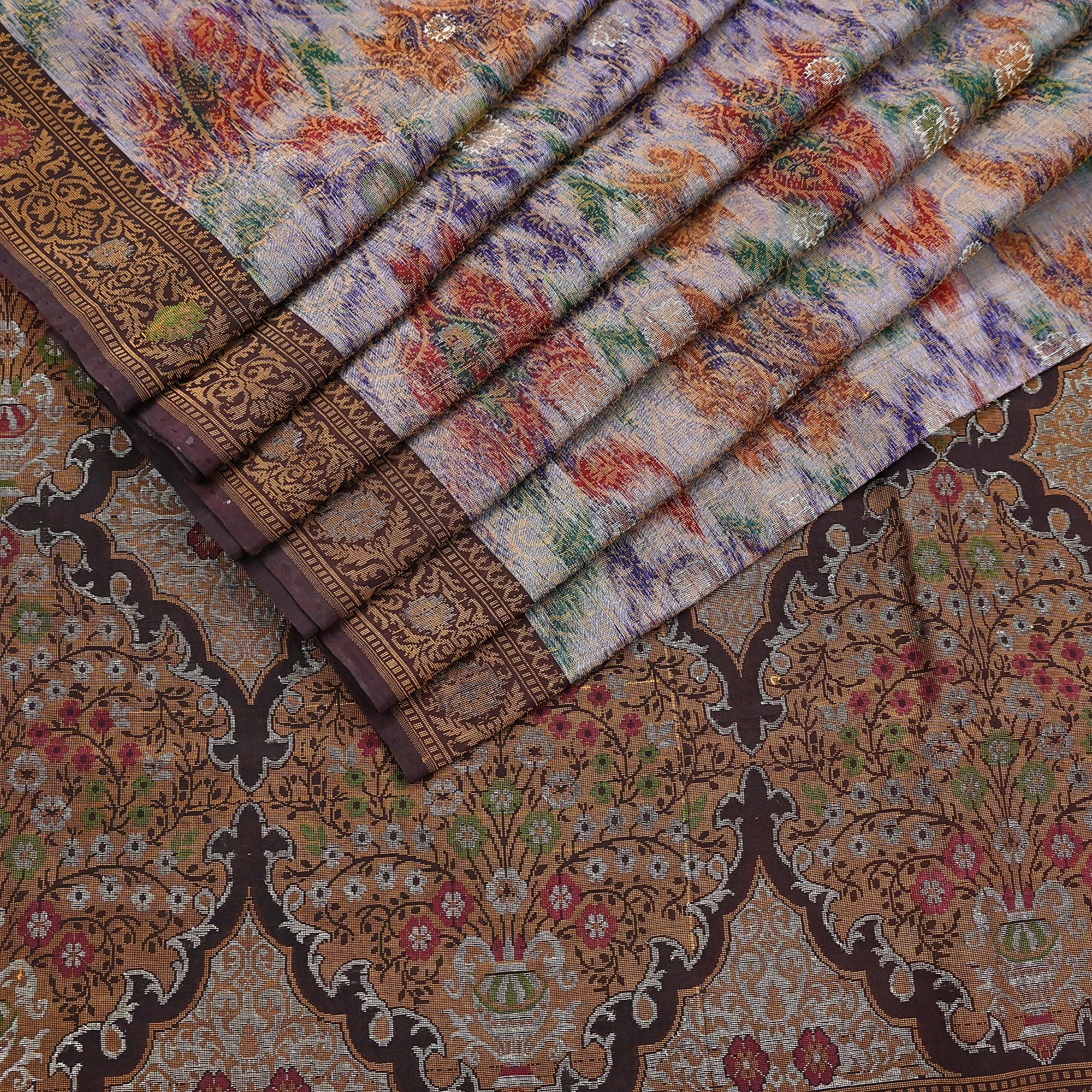Indian Vintage Heavy Saree Brown & Multi 100% Pure Silk Hand Woven Ikat Sari 5yd