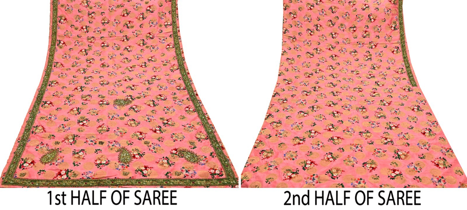 Vintage Peach Sarees Hand Embroidered Woven Brocade Sari Fabric 6Yd Sewing Dabka