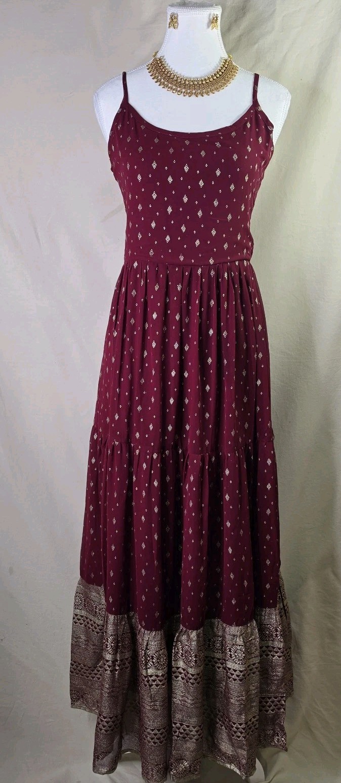 Globus Burgundy Gold Embroidered Dress Size L New with Necklace & Earrings Set