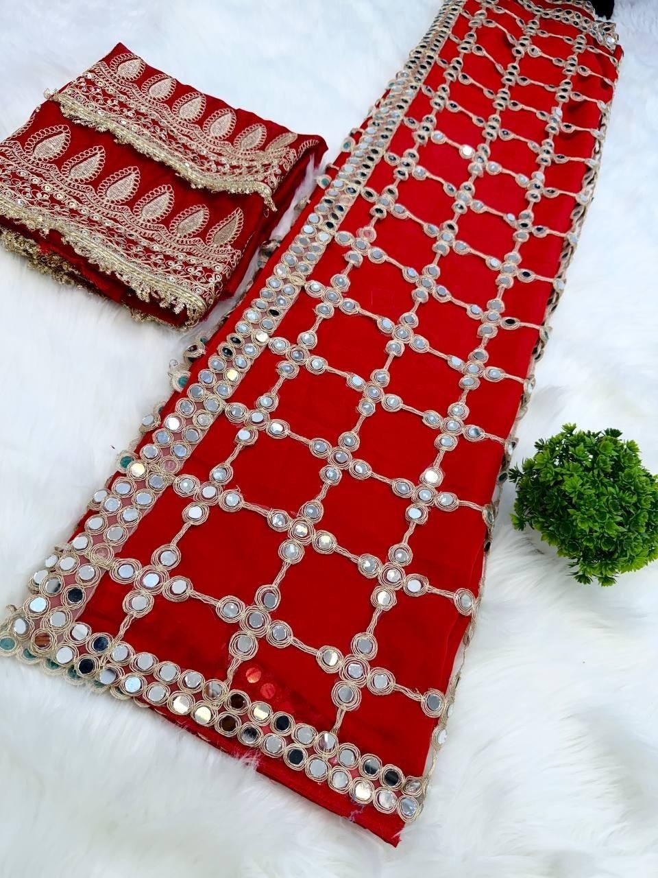 Designer Fendy Silk Red Color Saree with Mirror Work & Unstichhed Blouse