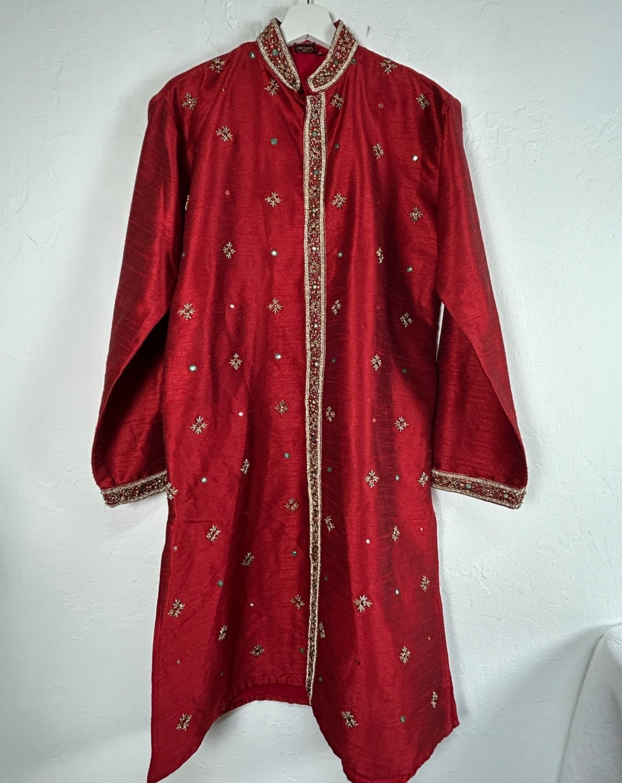 Vintage Satellite Mens Red Embellished Long Kurta Size 14 Long Sleeve Pockets