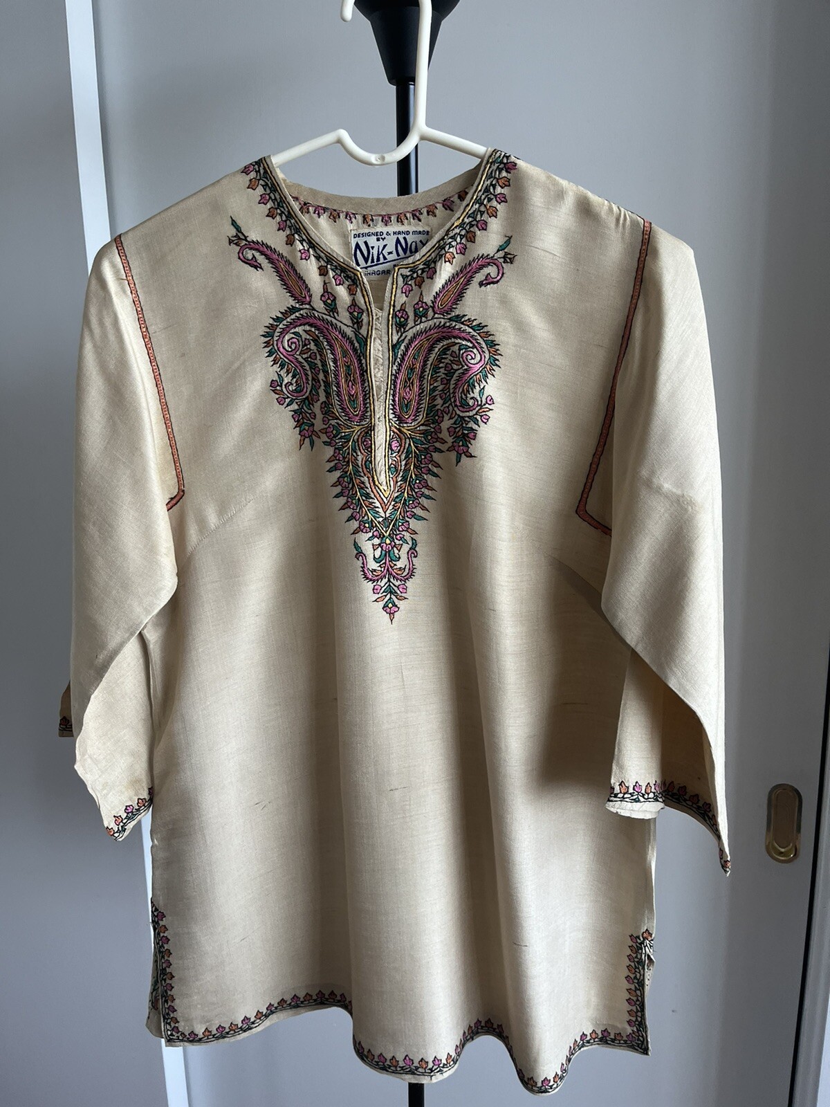 Designer Blouse Kurta Top 100% Natural Beige 100% Silk w Kashmir Hand Embroidery