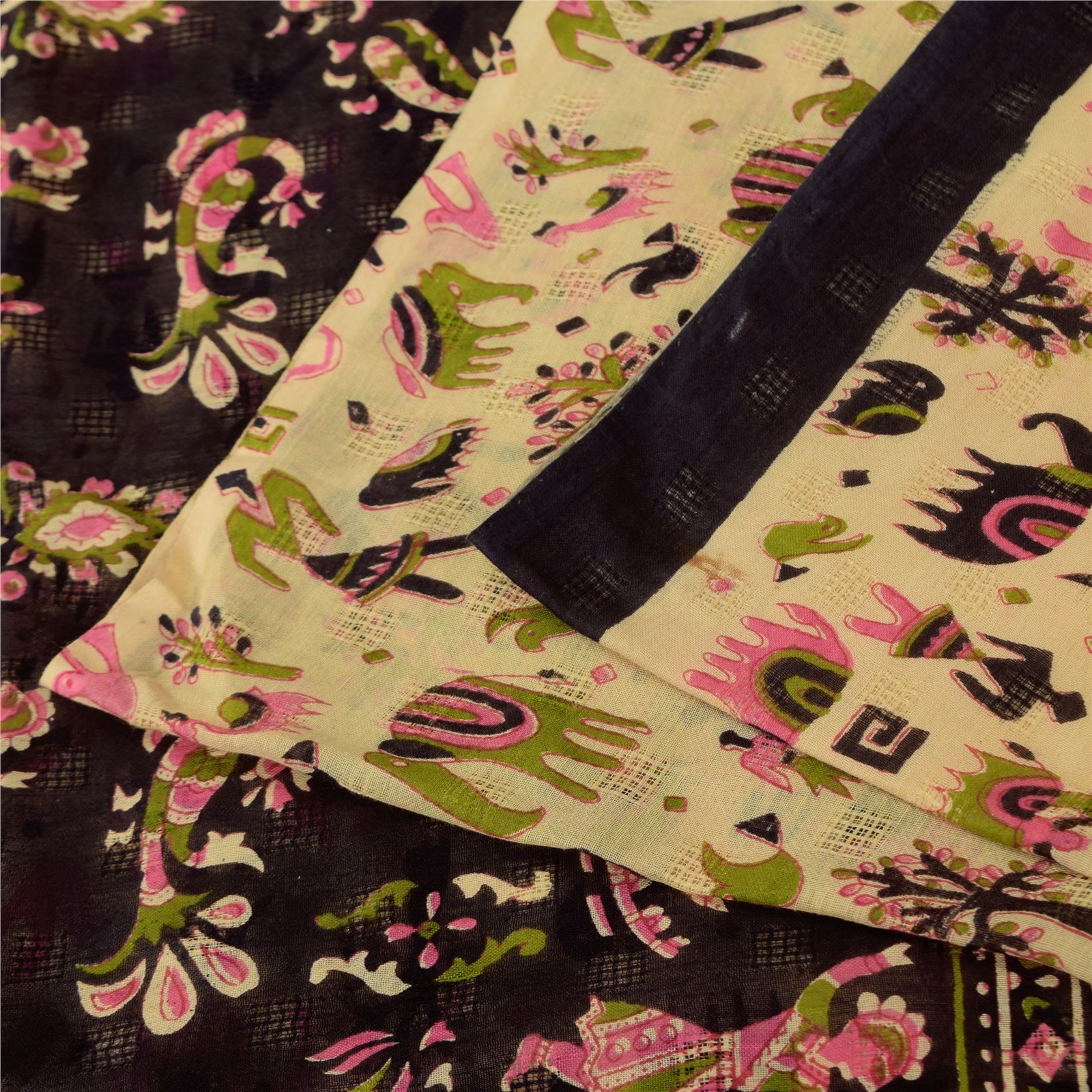 Sanskriti Vintage Sarees Ivory Pure Cotton Animal Human Printed Sari 5+Yd Fabric