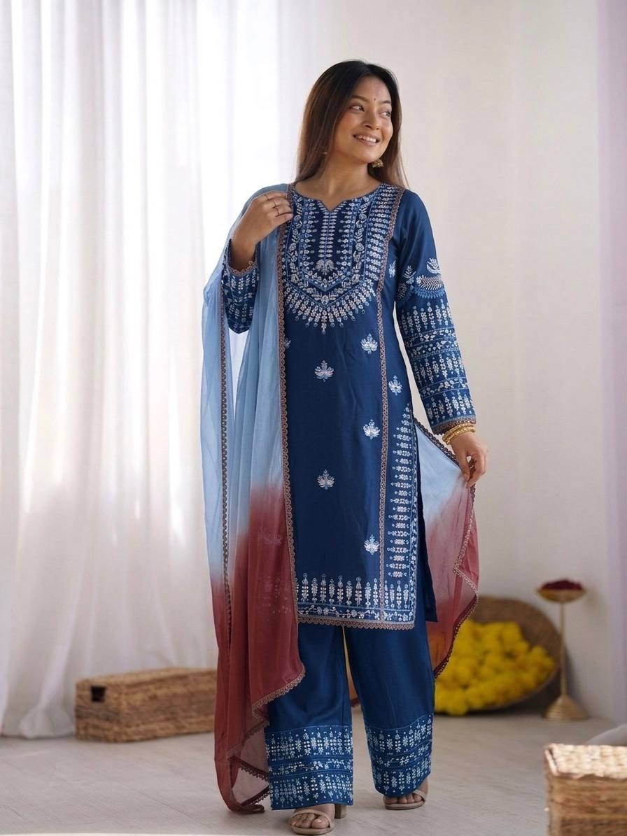 Stylish Look Rayon Cotton Blue Top Palazzo With Dupatta For Function Wear