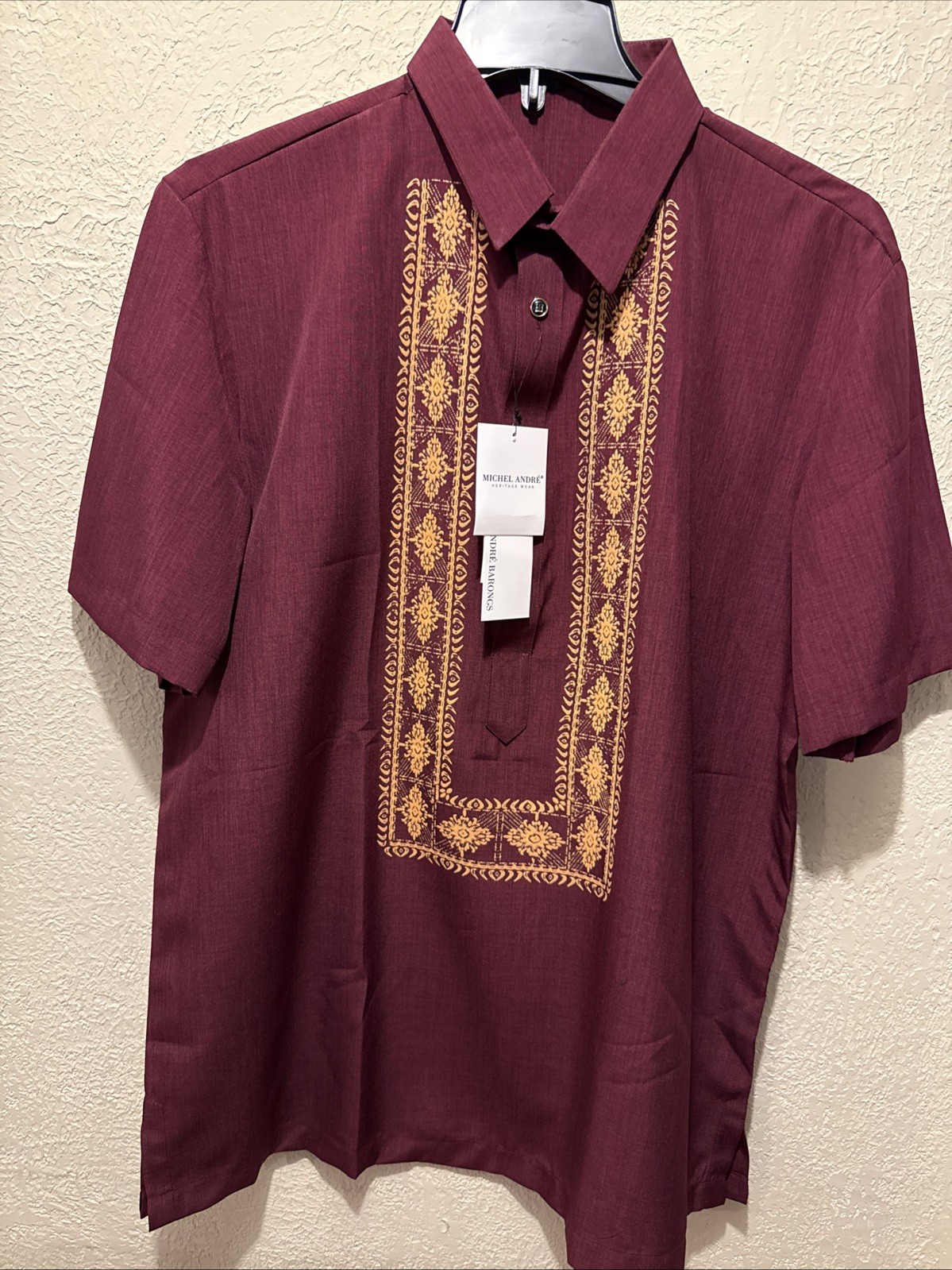 Michael Andre Barong Tagalog For men XL Maroon Embroidery Classic Fit NEW