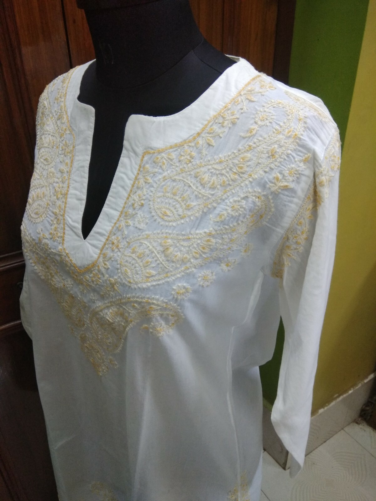 L 42″ SEQUINS WORK WITH CHIKAN EMBROIDERY 100% COTTON HANDMADE KURTA TOP KURTI