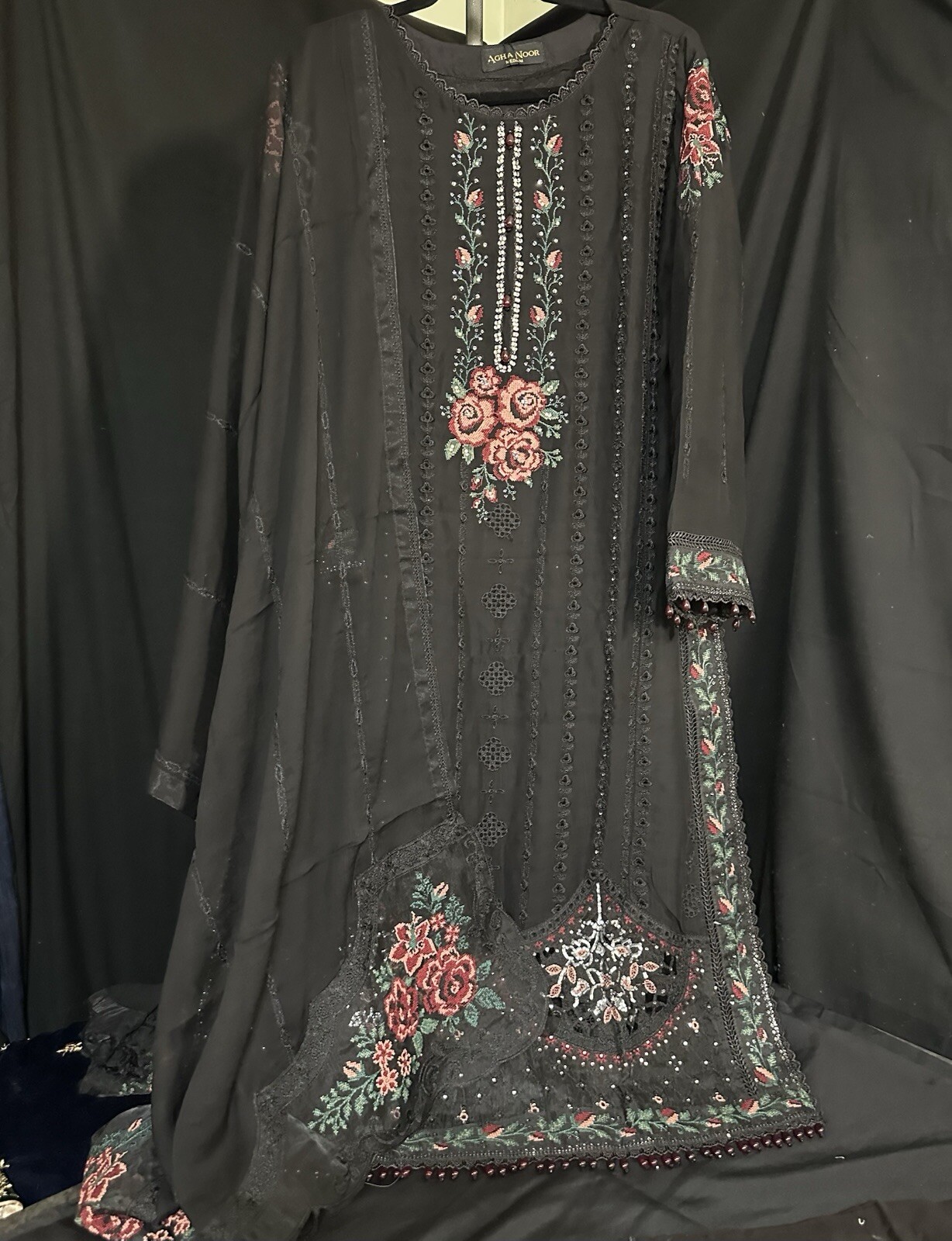 Beautiful Premium Chiffon Emb/Seq 3 Pc Suit – Extra Large Size Available – $85
