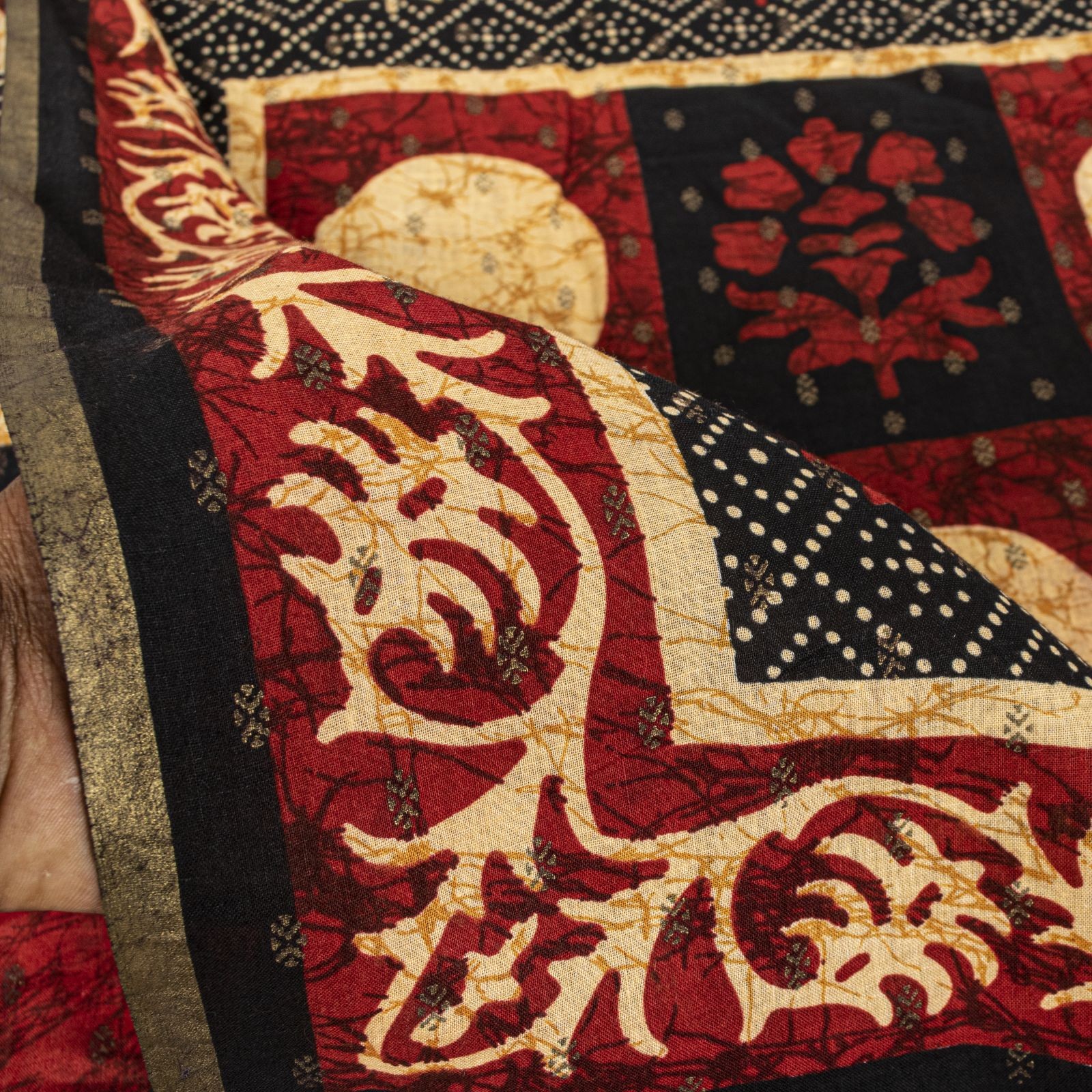 Sanskriti Vintage Saree Black Pure Cotton Batik-Bandhani Print Soft 5.5+Yd Sari