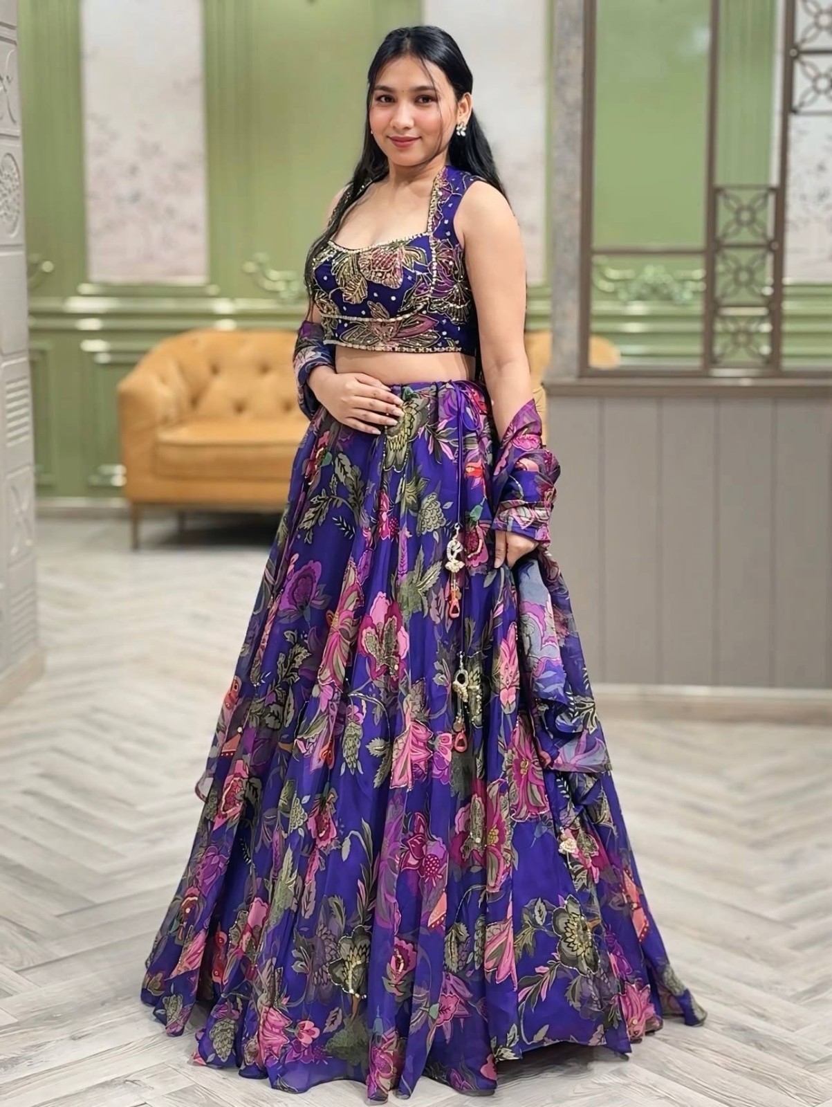 Beautiful Floral Print Tabby Silk Lehenga Choli With Dupatta For Party Wear