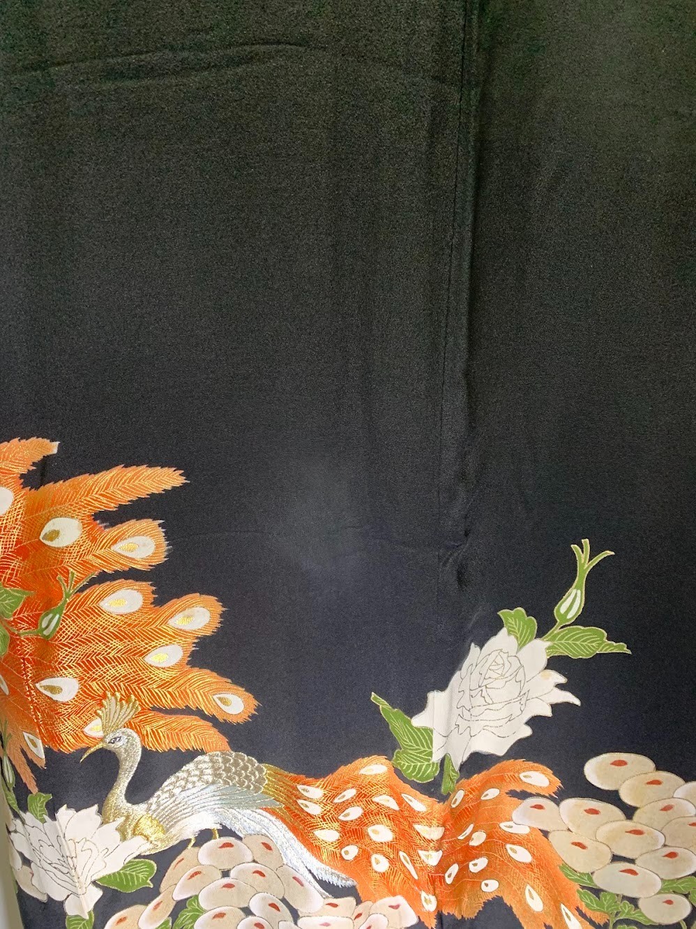 Vintage Silk Kurotomesode Kimono Peacock Embroidery Gold S 25.2in Yuki Japan