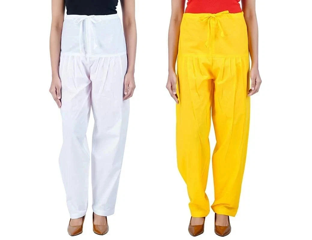 Cotton Salwar Bottom Women Patiala Regular Paint Fit Size Salwar White & Yellow