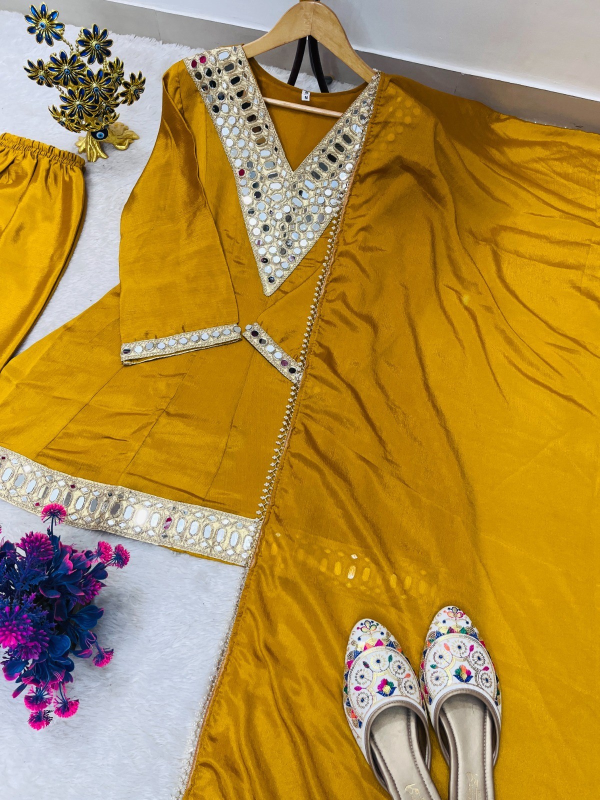 YELLOW SPECIAL REAL MIRROR WORK ON SILK FABRIC TOP AND PLAZZO WITH DUPATTA SET