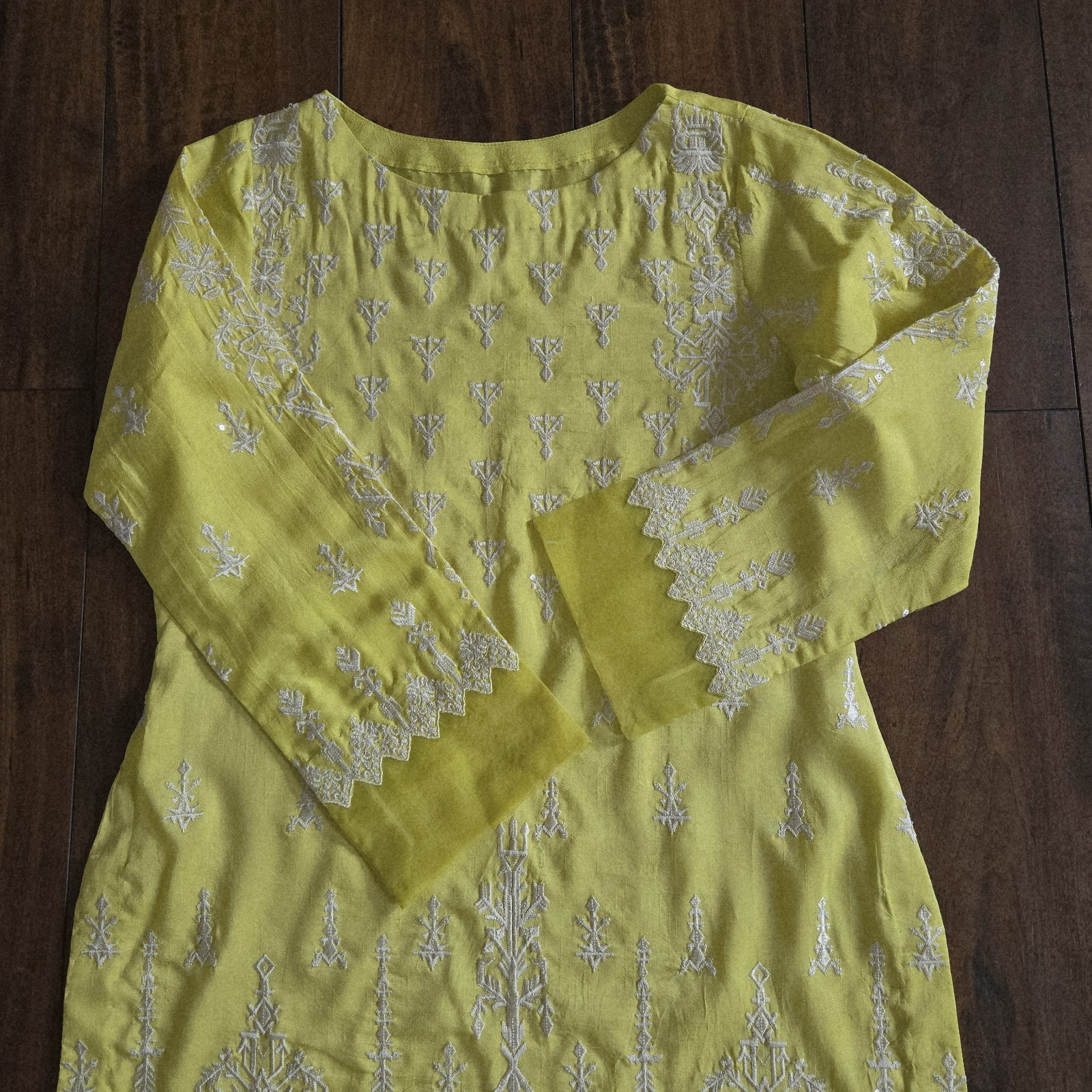 Embroidered Lime Yellow Top Shirt Long Kurti Cotton Silk Organza Size S/M