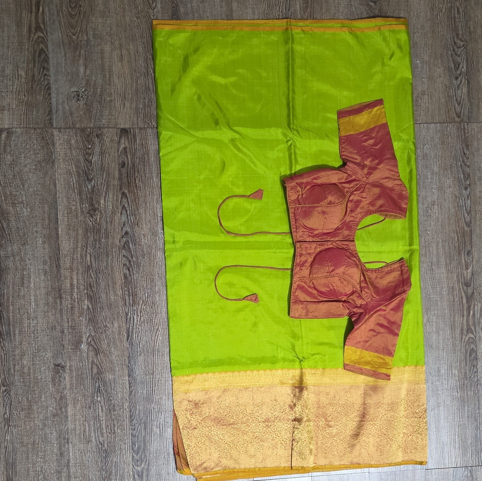 Lime Green Raw Silk Sari with Stitched Bronze Blouse (Size 38)
