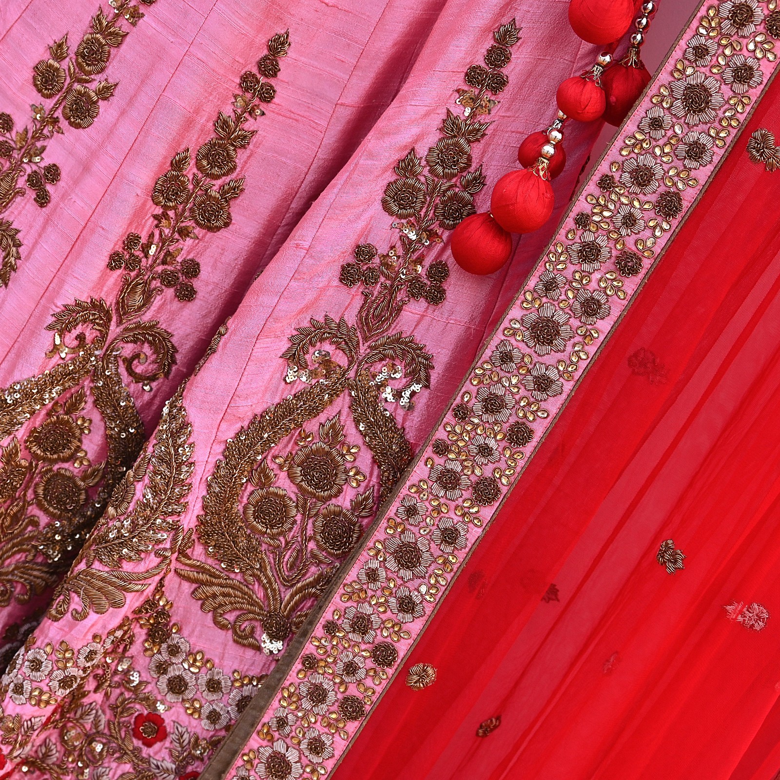 Indian Heavy Pink Red Raw Silk & Net Hand Embroidered Designer Lehenga 3pcs Set