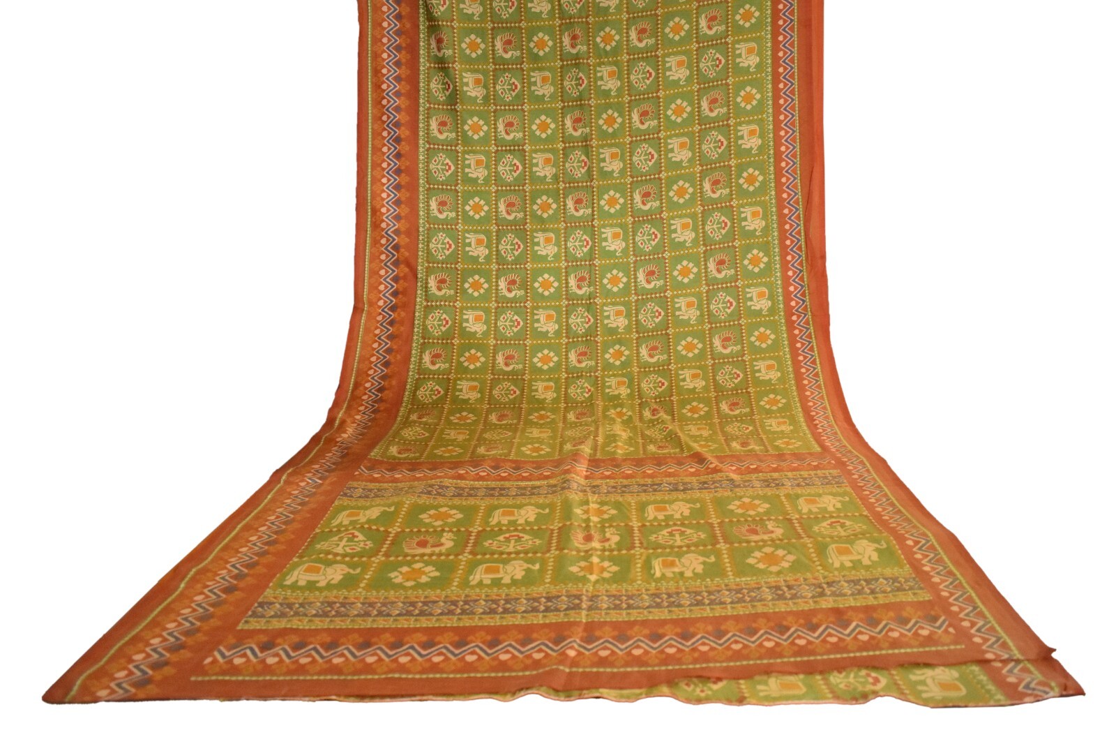 FNC Vintage Green Sambalpuri Ikat Sarees Handwoven Art Silk Sari Fabric Antique