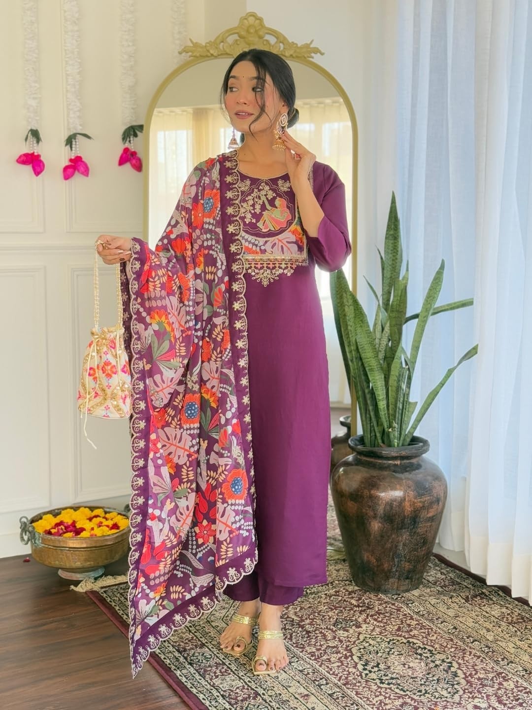 Women’s Viscose Chanderi Embroidery Work Straight Kurta, Pant and Dupatta Set