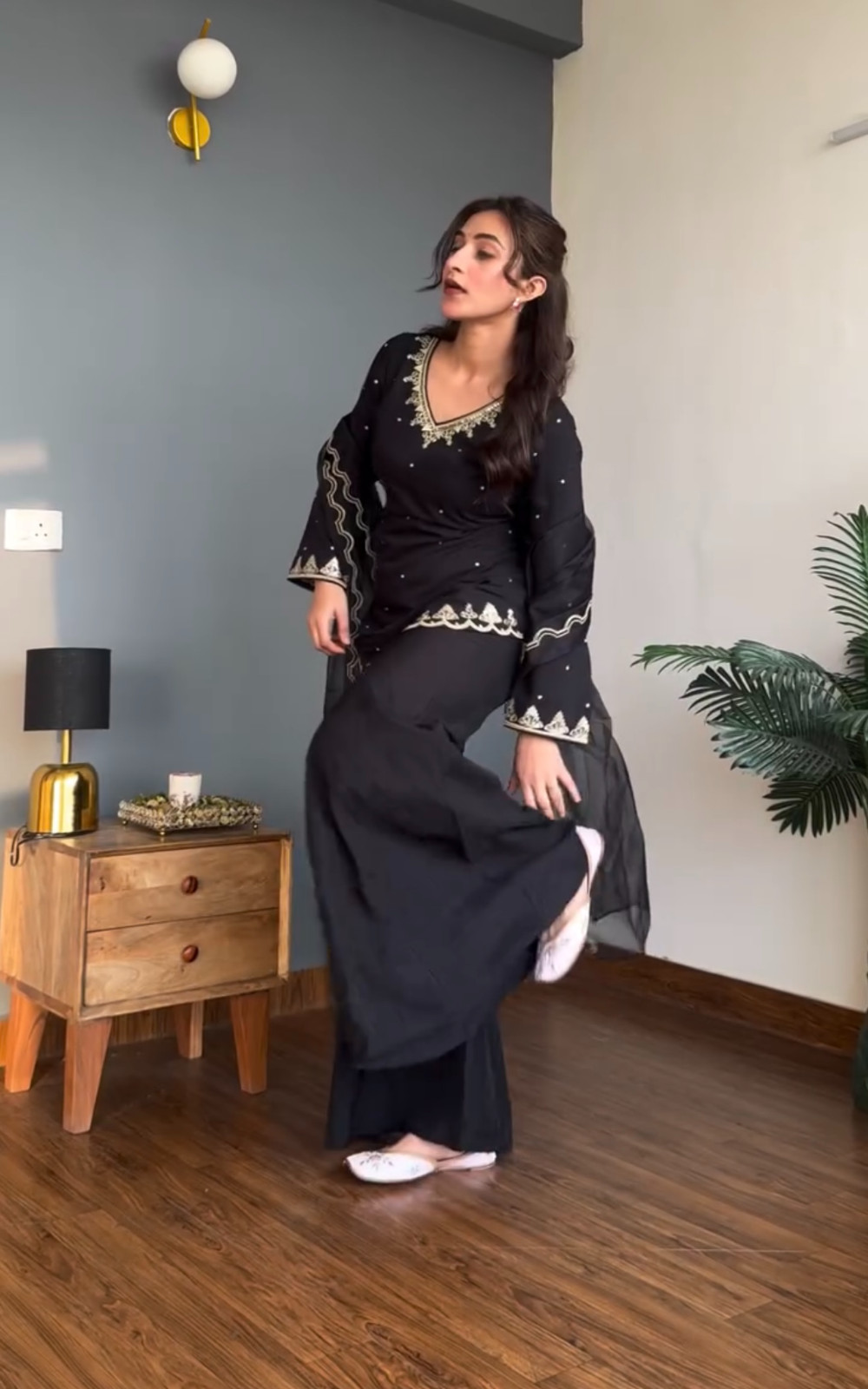 Traditional Look Natural Crepe Silk Black Kurta Palazzo With Dupatta For Wedding